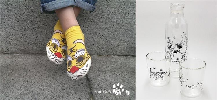 臺博館特色商品文創產品：「虎咖」黃虎襪、共遊雙層玻璃杯